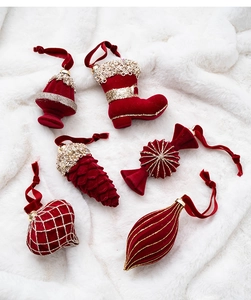 Detailed set of 6 burgundy flocked velvet Christmas ornaments with gold glitter details