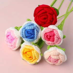 Handmade Crochet Rose Artificial Flowers Knitted Woolen Flower Bouquet For Home Decor Wedding Valentine Day Gift