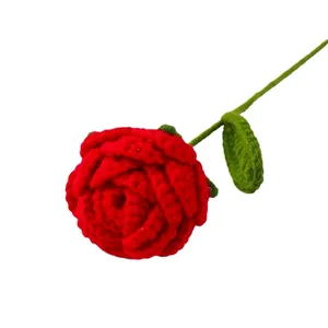 Handmade crochet red rose flower with green leaves and stem for romantic gifts