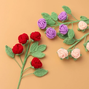 Handmade Crochet Rose Flower Knitted 4 Heads Flower Bouquet For Mother's Day Valentine's Gift Home Table Decor