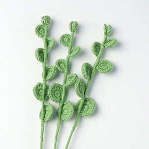 Handmade Crochet Artificial Eucalyptus Leaf Stems Knitted Yarn Greenery Plant For Home Decor Office Wedding Photography