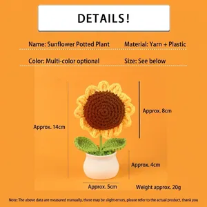 Detailed view of handmade crochet sunflower potted plant with measurements and yarn texture