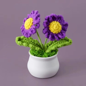 Handmade crochet purple daisy potted plant with white ceramic vase for home desk decor