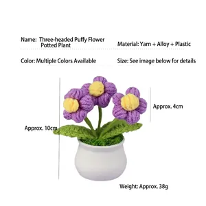 Detalles de dimensiones y textura de ganchillo del bonsái de flores puff moradas a mano