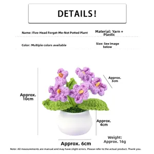 Detail view of mini crochet purple forget-me-not potted plant with size annotations
