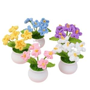 Handmade crochet forget-me-not miniature potted plants in five colorful yarn flower designs