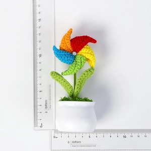 Handmade crochet colorful windmill flower in white ceramic pot, height 14cm width 6cm