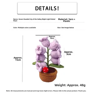 Detailed view of handmade purple crochet lily of the valley night light with dimensions