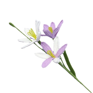 Handmade crochet rain lily flower with purple petals and yellow stamens on white background