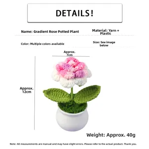 Detailed view of handmade crochet pink rose in pot with height and width dimensions