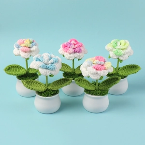 Detailed view of five handcrafted crochet rose potted plants in various pastel colors