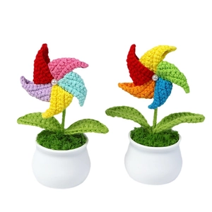 Handmade crochet colorful windmill flower plants in white ceramic pots home decor