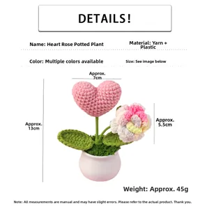 Detail shot of crochet heart and rose potted plant with size and material specifications
