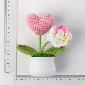 Detailed size view of handmade crochet potted rose and heart flower plant, 13cm height