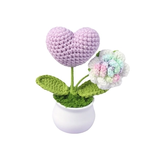 Handmade crochet mini potted plant with lavender heart and colorful gradient rose flower