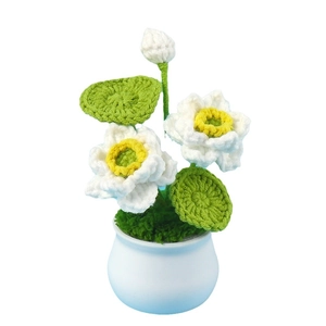 Handmade crochet white lotus mini potted plant for desk decor and car dashboard gifts