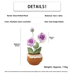 Handgefertigte Häkelrose im Topf mit lila-weißen Garnblumen und feinen Spitzendetails