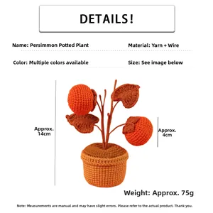 Details zur gehäkelten Kakis-Topfpflanze mit Größenangabe 14cm und Materialhinweisen