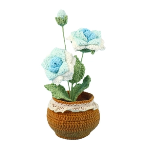 Handmade crochet rose potted plant with blue and white gradient flowers for desk decor