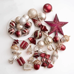 Champagne Wine Red Christmas Tree Hanging Ornaments Plastic Glitter Ball Candy Star Acorn Decorations For Holiday Festive Home Party Decor