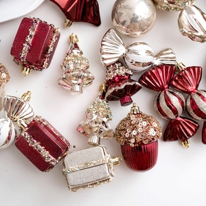 Champagne and red Christmas tree ornaments set with glitter candy and gift box pendants