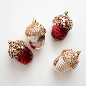 Set of 4 champagne and wine red acorn Christmas ornaments with glitter top and hanging loop