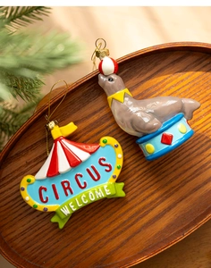 Detail of circus themed seal and tent ornaments for Christmas tree decoration