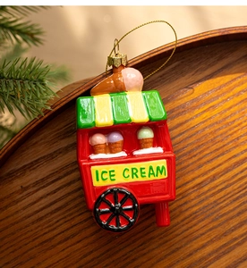 Detailed view of circus style ice cream cart ornament for Christmas tree decoration