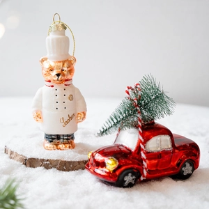 Christmas glass ornaments set featuring a chef teddy bear and red vintage car with a tree