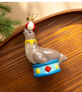 Glossy circus sea lion ornament with red striped ball for Christmas tree decoration