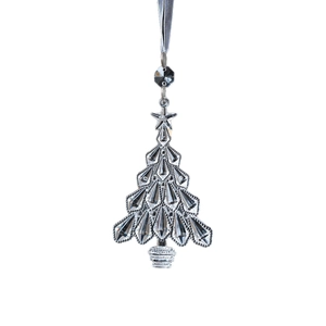 Silver metal Christmas tree ornament with transparent crystals and grey hanging ribbon
