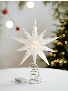 Close-up of champagne lighted star tree topper with spring base and battery box