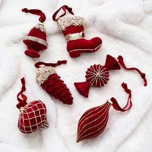 Luxury Flocked Velvet Christmas Tree Hanging Ornaments Set Glitter Sequins Multi Shape Pine Cone Boot Festive Decorations