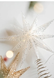 Close-up of white glitter octagonal Christmas tree topper with LED wire and spring base