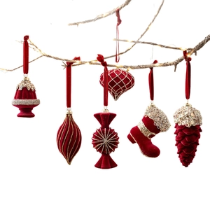 Set of 6 burgundy velvet Christmas ornaments with gold glitter on tree branches