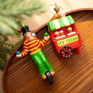 Retro hand-painted circus clown and ice cream truck ornaments set for Christmas tree