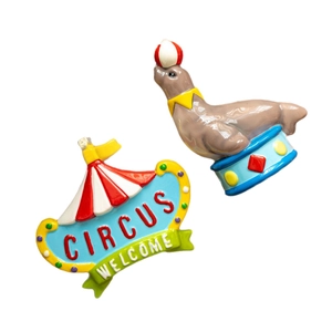 Christmas circus seal and welcome sign ornaments with vibrant glossy finish for tree decor