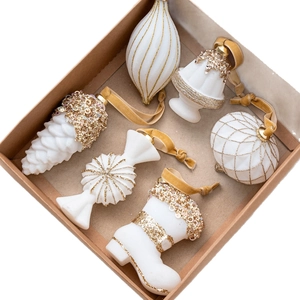 6-piece set of white flocked Christmas ornaments with gold glitter for holiday tree decor