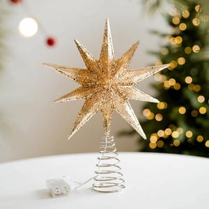 Champagne gold glitter hollow star tree topper with battery box and warm lights