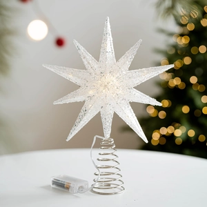 Sparkling white ten-pointed star Christmas tree topper with LED lights and spring base