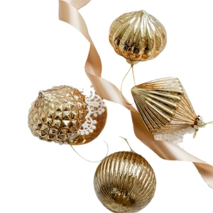 Elegant vintage gold glass Christmas ornaments in diamond, round and onion shapes