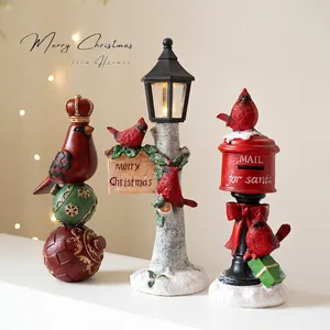 Christmas Resin Cardinal Bird Ornaments Red Mailbox Street Lamp Figurines Festive Desktop Holiday Decor European Style