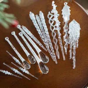 Clear Acrylic Christmas Icicle Teardrop Hanging Ornaments With Glitter For Xmas Tree Decorations Home Holiday Party Decor