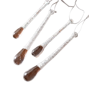 Set of 4 transparent brown glitter acrylic icicle teardrop ornaments for Christmas tree