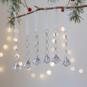 Set of 6 clear acrylic snowflake crystal drops for elegant Christmas tree decoration