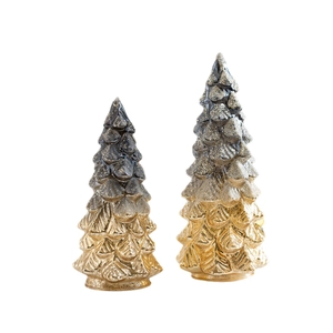 Ensemble sapin de Noël en verre avec base dorée et texture scintillante argentée