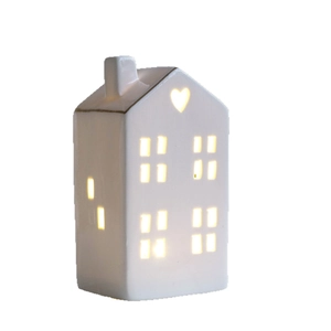 Nordic white ceramic glowing house ornament with heart cutout for Christmas decor