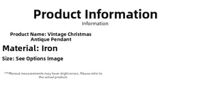 Detailed specifications for vintage iron Christmas ornaments including materials and dimensions