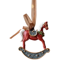 Vintage red rocking horse resin hanging ornament with festive wreath for Christmas tree decoration
