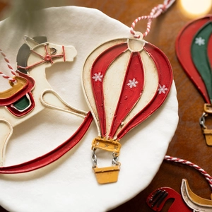 Vintage Christmas metal rocking horse and hot air balloon hanging ornaments for tree decor